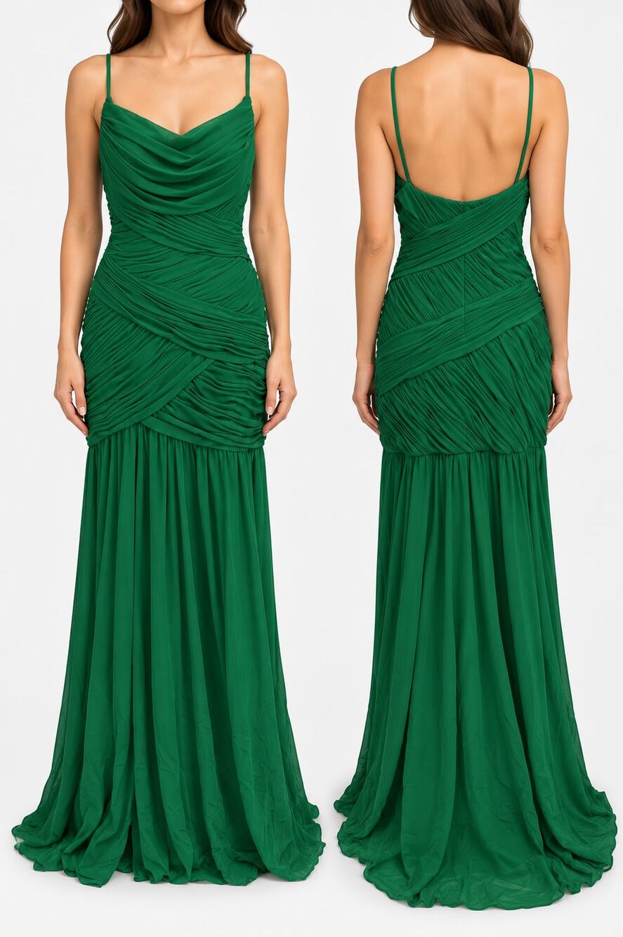 Terani Couture Women's Emerald Green Ruched Mesh Gown Dress Size 14 Formal Maxi